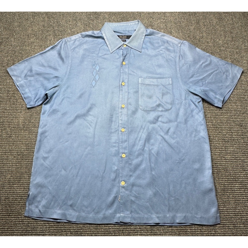 Nat Nast‎ Button Down Shirt Men L Aegean Blue Silk Short Sleeve GS53H116